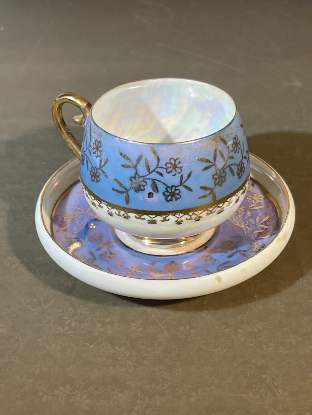 Vintage Wales China Iridescent Cup 2" and Saucer 4" Blue\White and Gold (#1966)